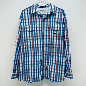 Columbia PFG Shirt Sz M Men Blue Red Plaid Button Up Omni Shade Fishing Gear